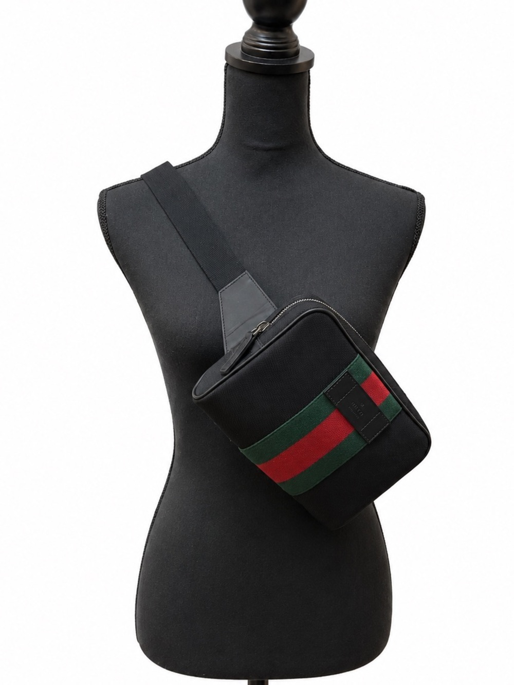 authentic GUCCI Canvas Web Slim Belt Bag in Black with black leather trim